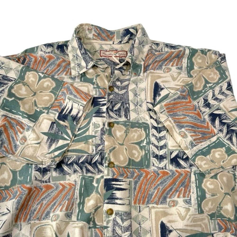 Paradise Blue L Multicolor Button Up Shirt Tropical Hibiscus Silk Blend‎ Retro